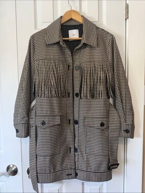 Mango Black and Tan Gingham Fringe Trench Coat